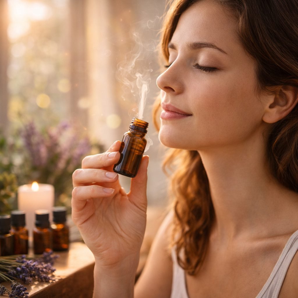 Óleos essenciais e difusor de aromaterapia em um ambiente relaxante