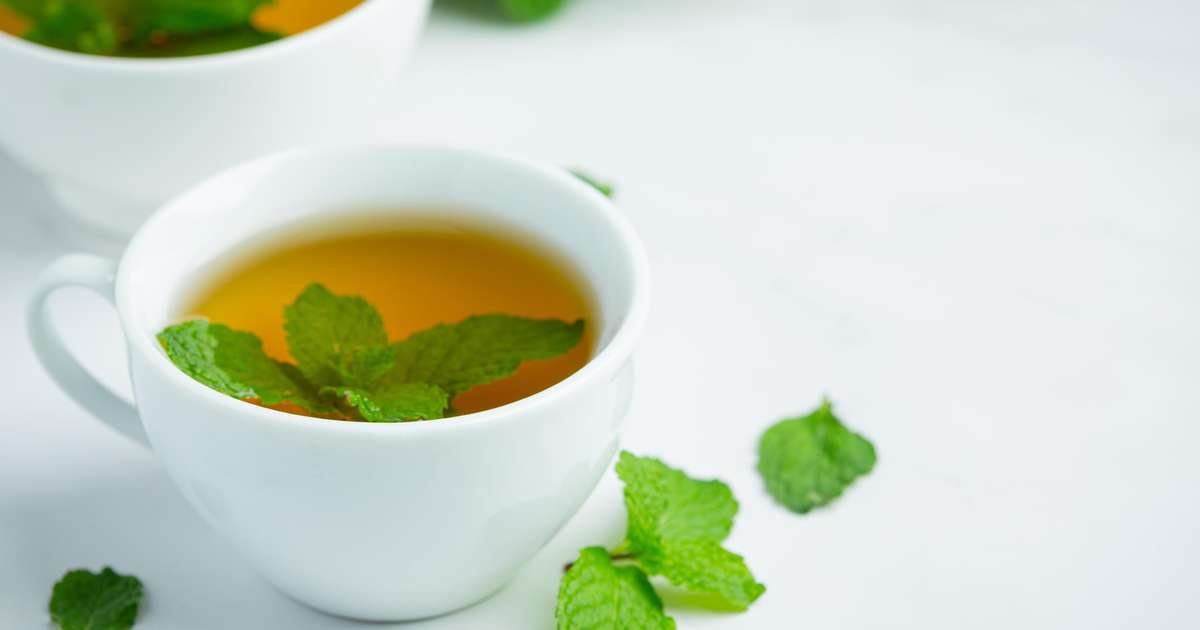 Uma xícara de chá de hortelã fresco com folhas de hortelã ao lado