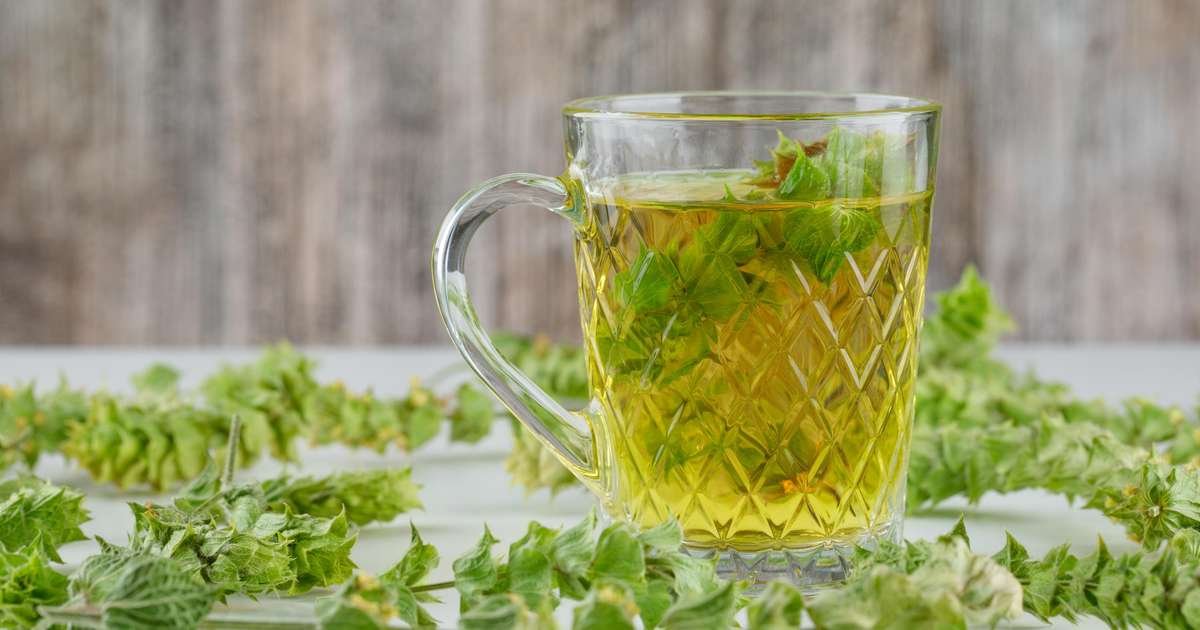 Chá de salsinha preparado em uma xícara com folhas de salsinha ao lado