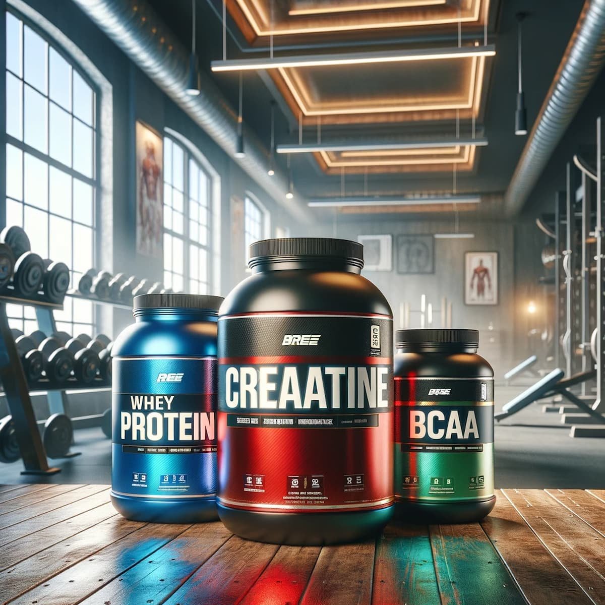 Suplementos para ganhar massa muscular incluindo creatina, whey protein e BCAA