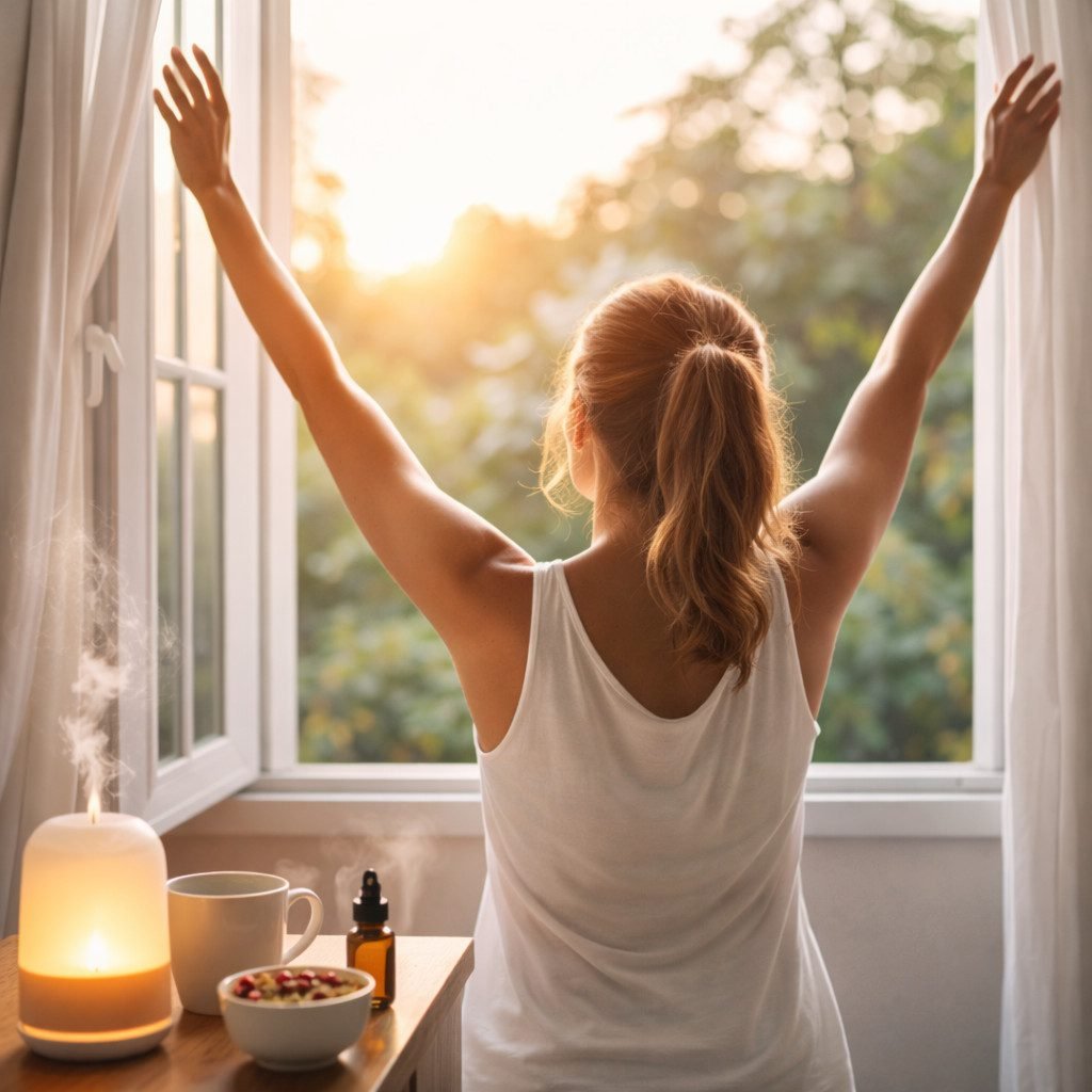 Uma pessoa meditando em um ambiente tranquilo ao amanhecer, simbolizando rituais matinais naturais