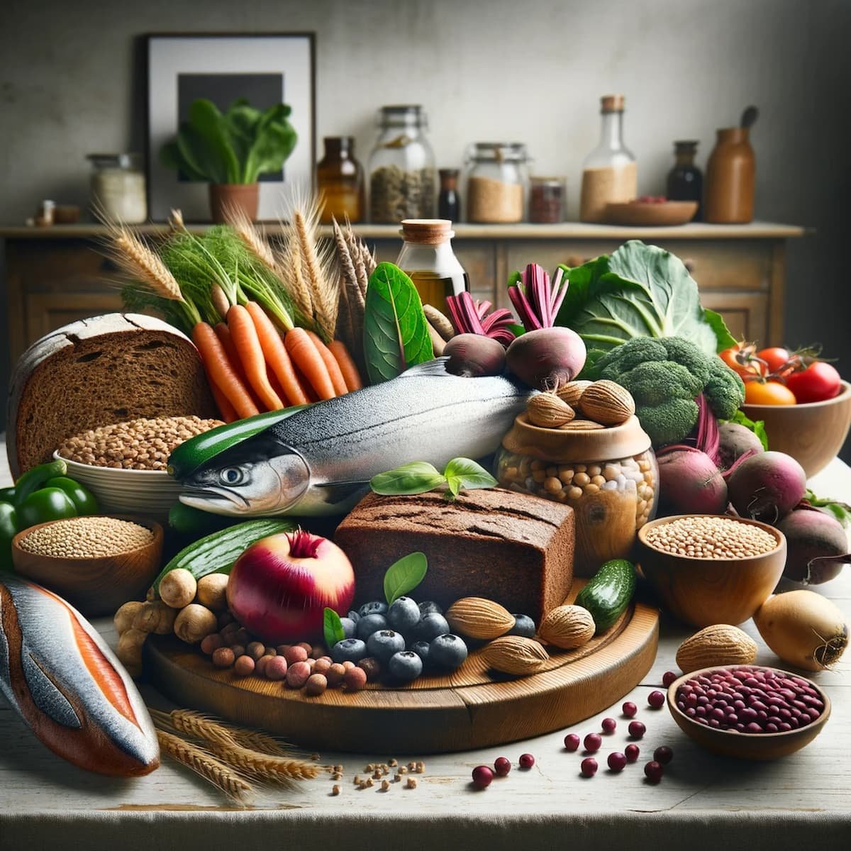 Prato colorido com peixes, grãos integrais, frutas e vegetais