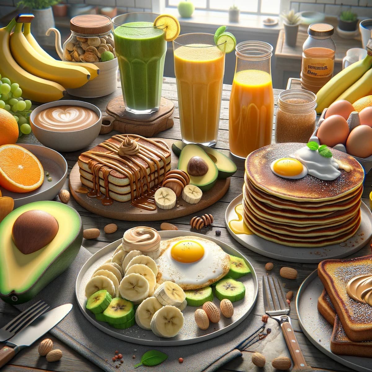 Café da manhã saudável com pão integral, ovo, mamão e batida de banana com aveia.