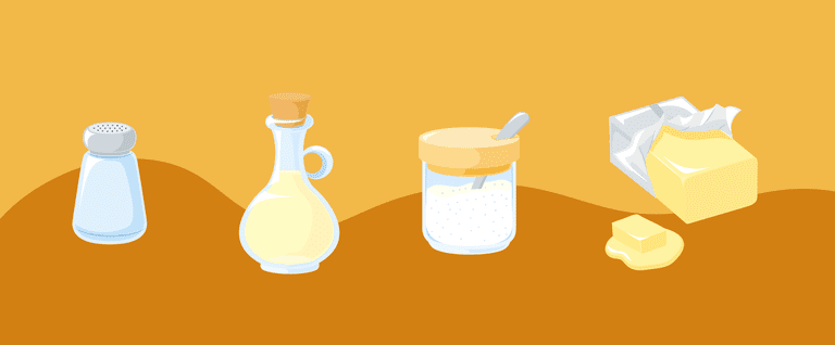 Óleos, gorduras, sal e açúcar dispostos em uma mesa de cozinha