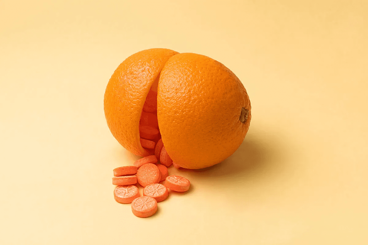 Frutas ricas em vitamina C, como laranja, acerola e morango, em uma mesa