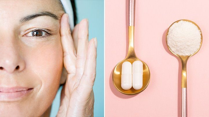 Suplementos de colágeno com frutas e vegetais, representando saúde e beleza