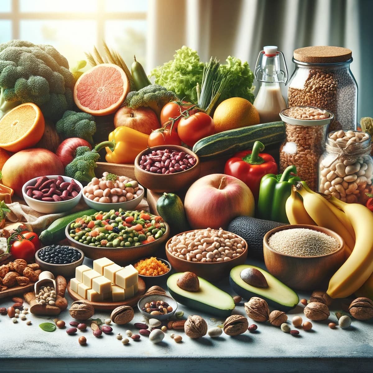 Uma variedade colorida de alimentos veganos, incluindo frutas, legumes, grãos e nozes.