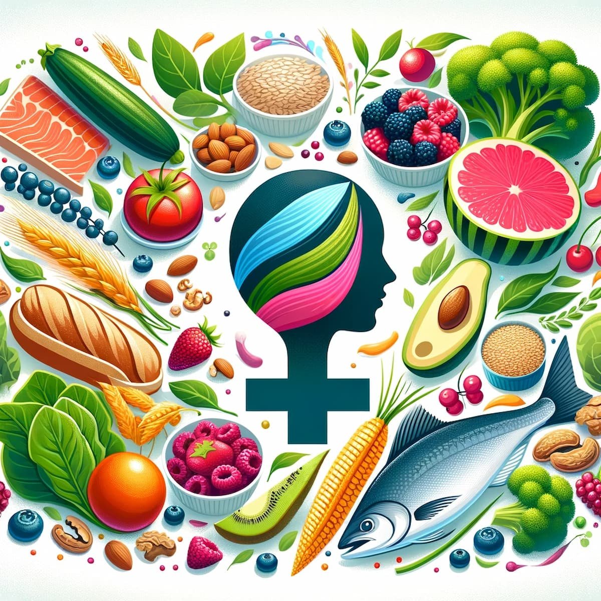 Uma mulher saudável desfrutando de uma refeição nutritiva com alimentos integrais, nozes e frutas.